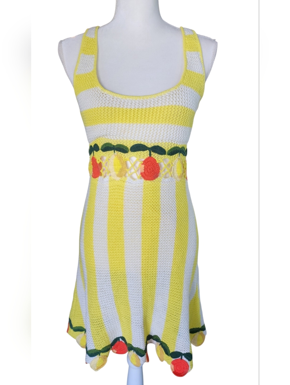 STAUD Yellow and White Striped Crochet Midi Dress with Fruit Trim - Picture 2 of 12